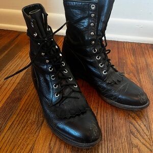 Vintage Justin Roper Black Leather boots women’s 9, men’s 7.5, lace up boots